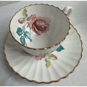 Radford Fenton Hand painted Pink Cabbage Rose Tea Cup Saucer Set England Vintage